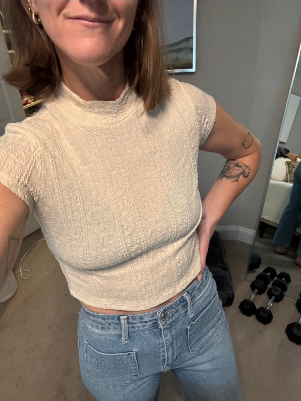 Cream Short-Sleeve Knit Crop Top